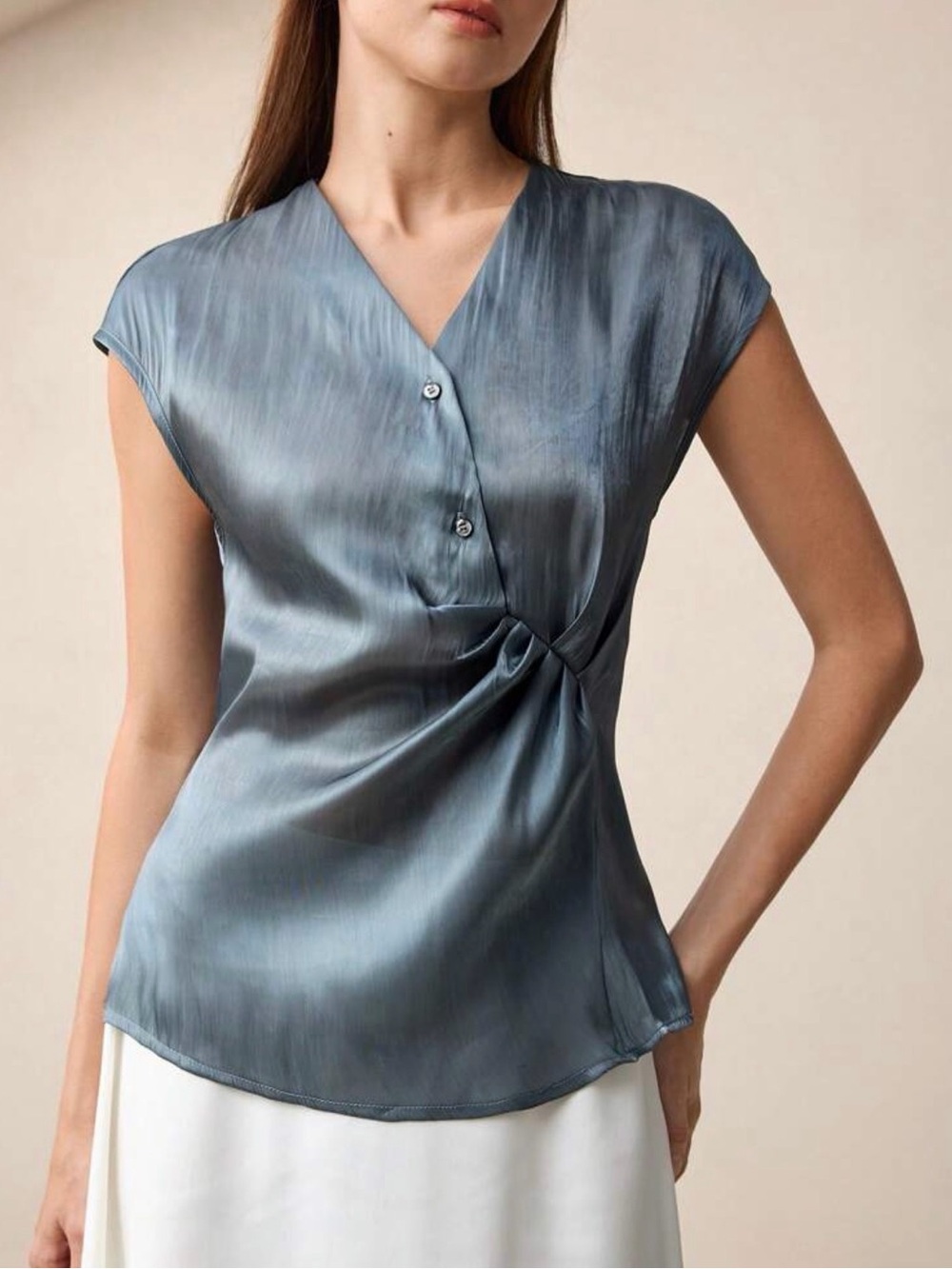 Slate Blue Sleeveless Satin Wrap Blouse